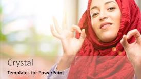  Presentation with hijab - Presentation theme consisting of young arab woman wearing hijab doing ok sign gesture with both hands expressing meditation and relaxation background and a coral colored foreground