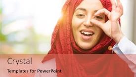  Presentation with hijab - Amazing presentation theme having young arab woman wearing hijab looking at camera through her fingers in ok gesture imitating binoculars beautiful eyes and smile backdrop and a coral colored foreground