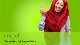 Presentation with hijab - PPT theme consisting of young arab woman wearing hijab looking at camera showing tong and making victory sign with fingers background and a yellow colored foreground
