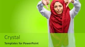  Presentation with hijab - Slide deck enhanced with young arab woman wearing hijab showing thumbs down unhappy sign of dislike negative expression and disapproval background and a yellow colored foreground
