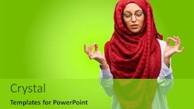  Presentation with hijab - Slides enhanced with young arab woman wearing hijab doing ok sign gesture with both hands expressing meditation and relaxation background and a yellow colored foreground