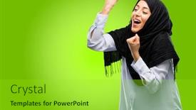  Presentation with power energy - Colorful presentation design enhanced with young arab woman wearing hijab happy and excited celebrating victory expressing big success power energy and positive emotions celebrates new job joyful backdrop and a yellow colored foreground