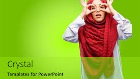  Presentation with hijab - Slide set enhanced with young arab woman wearing hijab looking at camera through her fingers in ok gesture imitating binoculars background and a yellow colored foreground