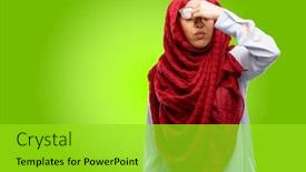  Presentation with overworked - Beautiful theme featuring young arab woman wearing hijab with sleepy expression being overworked and tired rubbes nose because of weariness backdrop and a yellow colored foreground