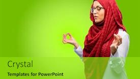  Presentation with hijab - PPT theme featuring young arab woman wearing hijab doing ok sign gesture with both hands expressing meditation and relaxation background and a yellow colored foreground
