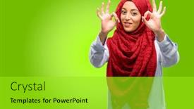  Presentation with hijab - Colorful slide set enhanced with young arab woman wearing hijab doing ok sign gesture with both hands expressing meditation and relaxation backdrop and a yellow colored foreground