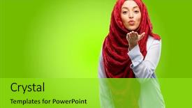  Presentation with hijab - Colorful presentation theme enhanced with young arab woman wearing hijab backdrop and a yellow colored foreground