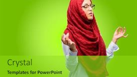  Presentation with hijab - Presentation theme with young arab woman wearing hijab doing ok sign gesture with both hands expressing meditation and relaxation background and a yellow colored foreground