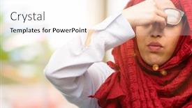  Presentation with overworked - Colorful PPT theme enhanced with young arab woman wearing hijab with sleepy expression being overworked and tired rubbes nose because of weariness backdrop and a sky blue colored foreground