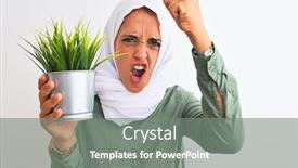  Presentation with hand holding plant - Theme enhanced with young-arab-woman-wearing-hijab background and a gray colored foreground