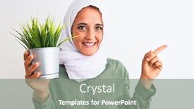  Presentation with hand holding plant - Cool new slide set with young-arab-woman-wearing-hijab backdrop and a gray colored foreground