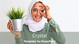  Presentation with hand holding plant - Colorful PPT layouts enhanced with young-arab-woman-wearing-hijab backdrop and a gray colored foreground