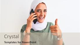  Presentation with hijab - PPT theme featuring young-arab-woman-wearing-hijab background and a soft green colored foreground