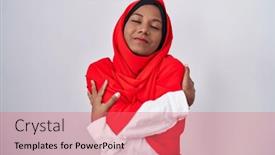  Presentation with confident love - PPT theme having young-arab-woman-wearing-traditional background and a coral colored foreground