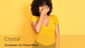  Presentation with breath - Colorful presentation design enhanced with young arab woman with curly hair wearing t-shirt standing over isolated yellow background smelling something stinky and disgusting intolerable smell holding breath with fingers on nose bad smells backdrop and a yellow colored foreground