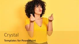  Presentation with salary - PPT theme with young arab woman with curly hair wearing t-shirt standing over isolated yellow background doing money gesture with hands asking for salary payment millionaire business background and a yellow colored foreground