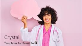  Presentation with bubble - Presentation design with young arab woman with curly hair holding cloud speech bubble over isolated pink background with a happy face standing and smiling with a confident smile showing teeth background and a lemonade colored foreground