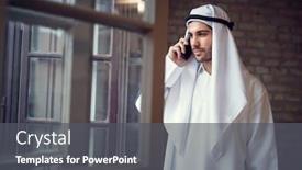  Presentation with company - PPT theme enhanced with young-arabian-businessman-talking background and a dark gray colored foreground