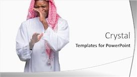  Presentation with breath - Slide deck featuring young arabic african man wearing traditional keffiyeh over isolated background smelling something stinky and disgusting intolerable smell holding breath with fingers on nose bad smells concept background and a white colored foreground
