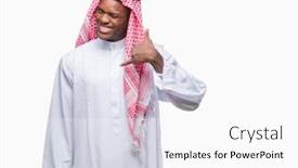  Presentation with arabic - Cool new PPT layouts with young arabic african man wearing traditional keffiyeh over isolated background smiling doing phone gesture with hand and fingers like talking on the telephone communicating concepts backdrop and a white colored foreground