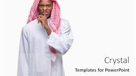  Presentation with arabic - Audience pleasing theme consisting of young arabic african man wearing traditional keffiyeh over isolated background asking to be quiet with finger on lips silence and secret concept backdrop and a white colored foreground