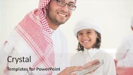  Presentation with arabic kids - Beautiful PPT theme featuring young arabic father and kids at home backdrop and a soft green colored foreground