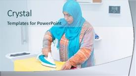  Presentation with worried young female college student - Slide deck having young arabic female indoors iron background and a light blue colored foreground