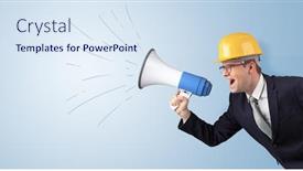  Presentation with yelling - Audience pleasing PPT layouts consisting of young-architect-constructor-yelling backdrop and a sky blue colored foreground