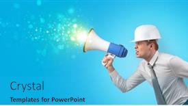  Presentation with sounds - Amazing presentation theme having young architect constructor yelling with megaphone and sparkling sounds backdrop and a cyan colored foreground
