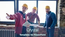  Presentation with start construction - Colorful slide set enhanced with young-architect-in-helmet-using backdrop and a ocean colored foreground