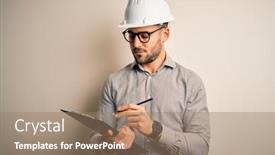  Presentation with inspector - Presentation design with young-architect-inspector-man-wearing background and a coral colored foreground