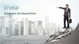  Presentation with investments - Colorful presentation design enhanced with young architect looking to ruined city from distance and thinking about investments backdrop and a sky blue colored foreground