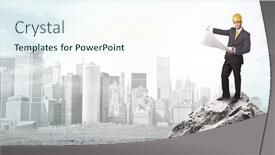  Presentation with investments - Presentation theme consisting of young architect looking to ruined city from distance and thinking about investments background and a sky blue colored foreground