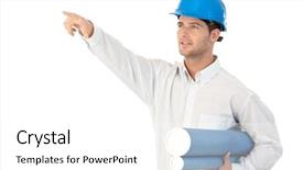  Presentation with inspection - Presentation enhanced with young architect on site inspection wearing hardhat pointing to distance background and a white colored foreground