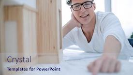  Presentation with solutions - Colorful presentation enhanced with young architect pondering solutions backdrop and a sky blue colored foreground