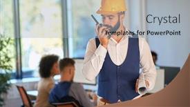 Presentation with walkie talkie - Beautiful PPT theme featuring young-architect-using-walkie-talkie backdrop and a light blue colored foreground