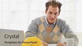  Presentation with blueprint - Slide deck enhanced with young architect working on blueprint at desk smiling background and a yellow colored foreground