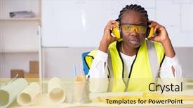  Presentation with project - PPT layouts with young architect working on project background and a yellow colored foreground