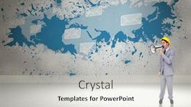  Presentation with yelling - Colorful presentation enhanced with young architect yelling with a megaphone against splash showing global commuication backdrop and a lemonade colored foreground