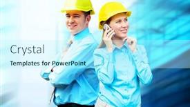  Presentation with architects - Slide deck consisting of young architects wearing a protective helmet standing on the building background background and a cool aqua colored foreground