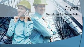  Presentation with architects - Slide set featuring young architects wearing a protective helmet standing on the building background background and a light blue colored foreground