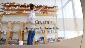  Presentation with clay - Beautiful presentation theme featuring young artisan taking clay mug from upper shelf in his workroom backdrop and a coral colored foreground