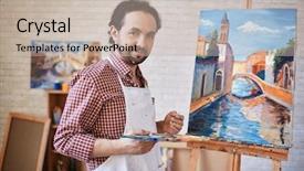  Presentation with artistic artist art brush - Cool new PPT theme with young artist looking at camera backdrop and a  colored foreground