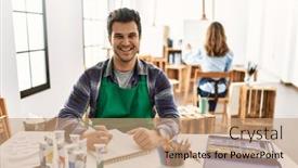  Presentation with art - PPT theme having young-artist-man-at-art background and a coral colored foreground