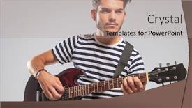  Presentation with mackup artist - Audience pleasing slide deck consisting of young artist pose in studio background seated while playing guitar and looking away backdrop and a mint green colored foreground