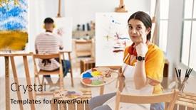  Presentation with canvas - Theme consisting of young-artist-woman-painting background and a coral colored foreground