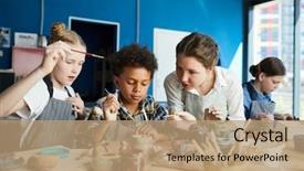  Presentation with consulting - PPT layouts featuring young arts teacher with paintbrush background and a coral colored foreground