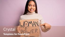  Presentation with women rights - PPT theme enhanced with young-asian-activist-girl-asking background and a coral colored foreground