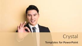  Presentation with give - Beautiful theme featuring young-asian-business-man-give backdrop and a blonde colored foreground
