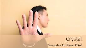  Presentation with give - Colorful PPT theme enhanced with young asian business man give you a gesture of stop closeup portrait on studio yellow background backdrop and a lemonade colored foreground